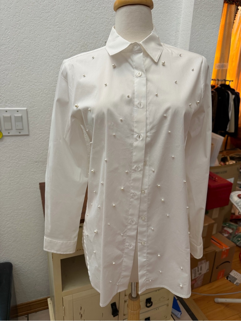 Calvin Klein White Pearl-Accent Long Sleeve Shirt